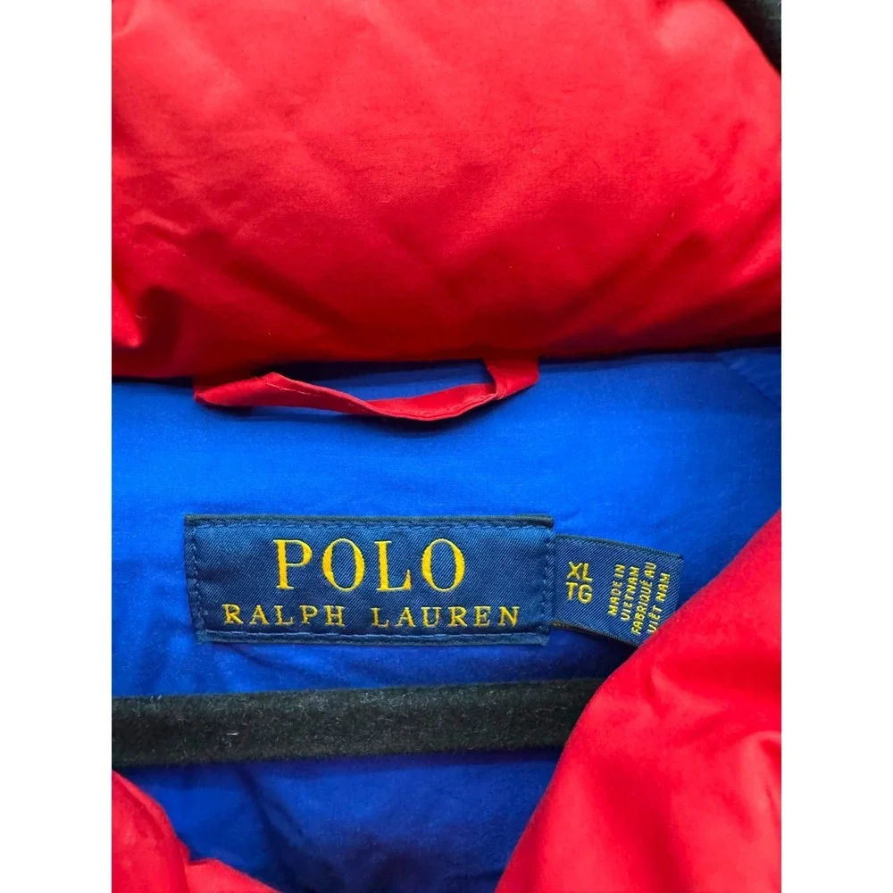 Polo Ralph Lauren Cookie Patch Striped Down Puffer Jacket Red Mens Size XL
